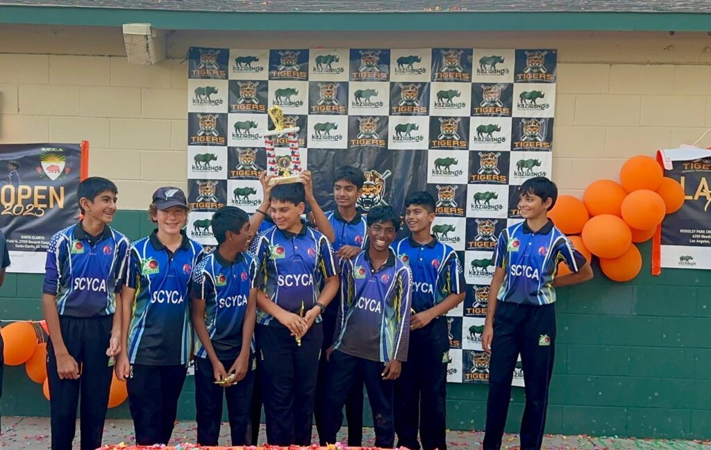 SoCal youth cricket players in blue jerseys with awards